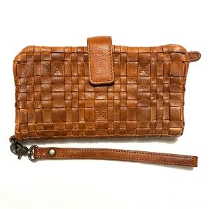 Vilenca Holland Woven Leather Wallet Wristlet Cognac Brown Bifold Boho